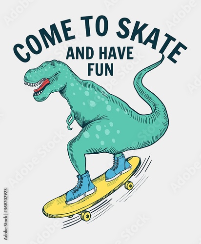 Skater dinosaur vector illustration with slogans for t-shirt and other uses.