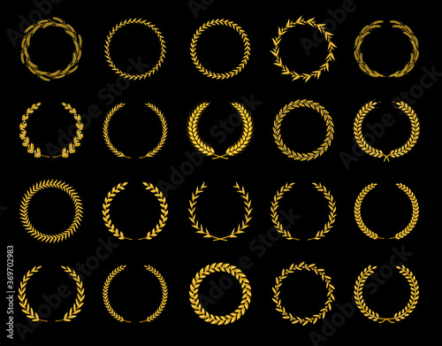 Collection of different golden silhouette circular laurel foliate, wheat and oak wreaths depicting an award, achievement, heraldry, nobility. Vector illustration.