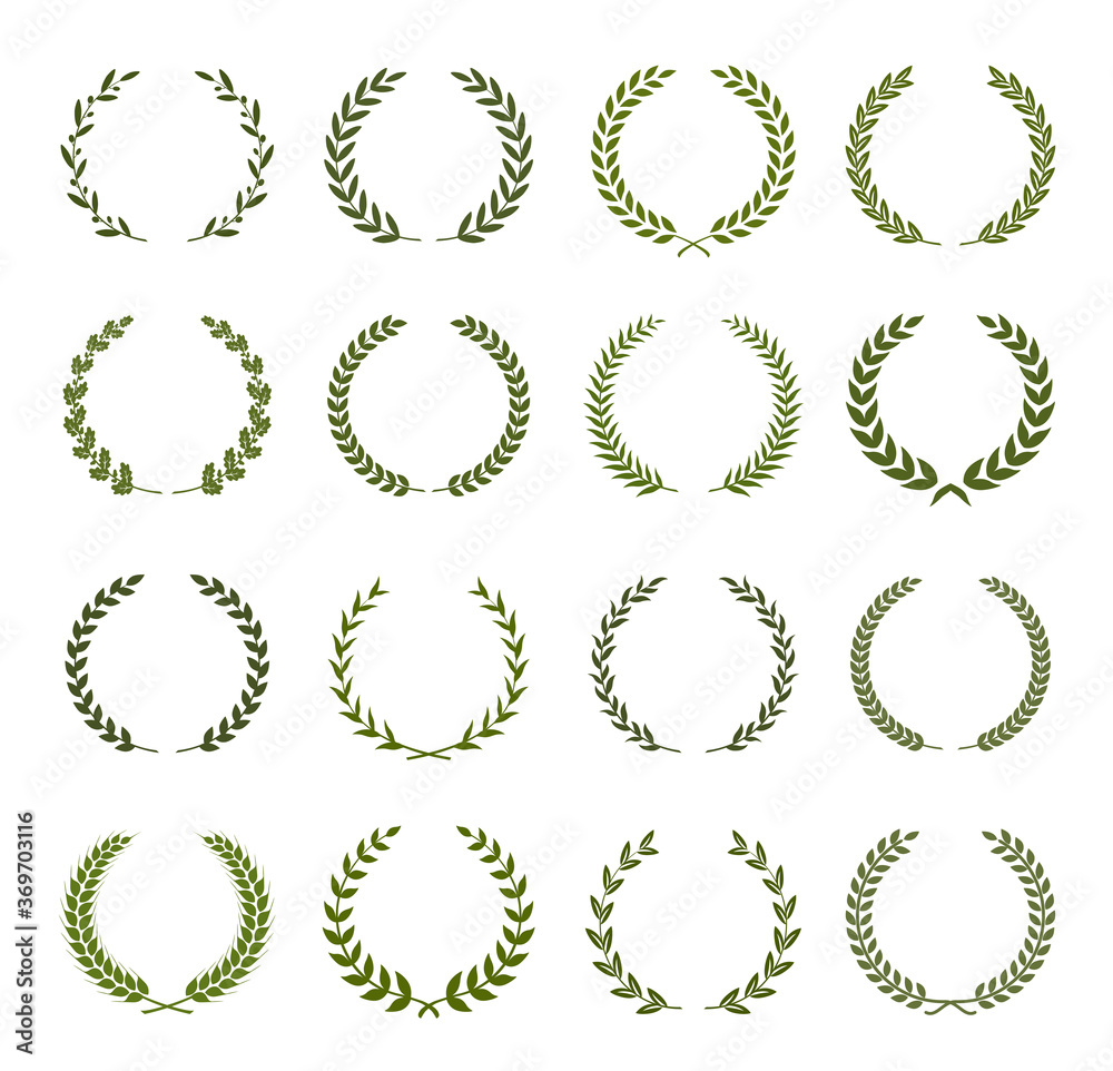 Obraz premium Collection of different silhouette circular laurel foliate, wheat and oak wreaths depicting an award, achievement, heraldry, nobility. Vector illustration.