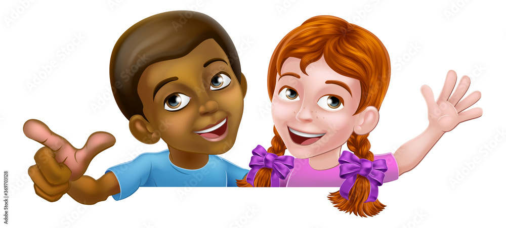 Young little boy and girl kids children cartoon characters peeking over a background sign waving and pointing. Young little boy and girl kids children cartoon characters peeking over a background sign waving and pointing.