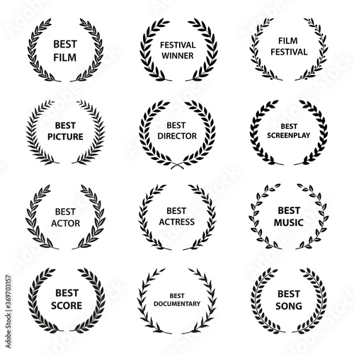 Set of black and white silhouette film award wreaths. Vector illustration.