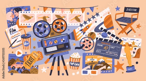 Cartoon cinema design concept with different elements of cinematography. Hand drawn equipment, decoration and viewers accessories isolated vector illustration. Tools for production video