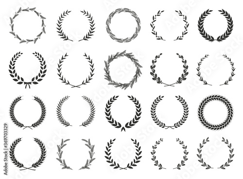 Collection of different black and white silhouette circular laurel foliate, wheat and oak wreaths depicting an award, achievement, heraldry, nobility. Vector illustration.