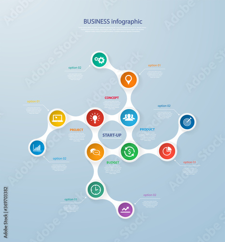 Infographics template with realistic colorful circles for steps and icons. Can be used for workflow layout, diagram, number options, step up options, web design, infographics, presentations