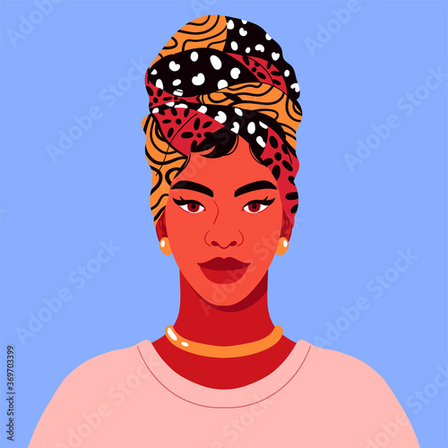 An close-up portrait of a modern, vibrant young woman with a headscarf. Vector illustration with smiling and happy African girl for social network profile avatar. Flat cartoon contemporary design.