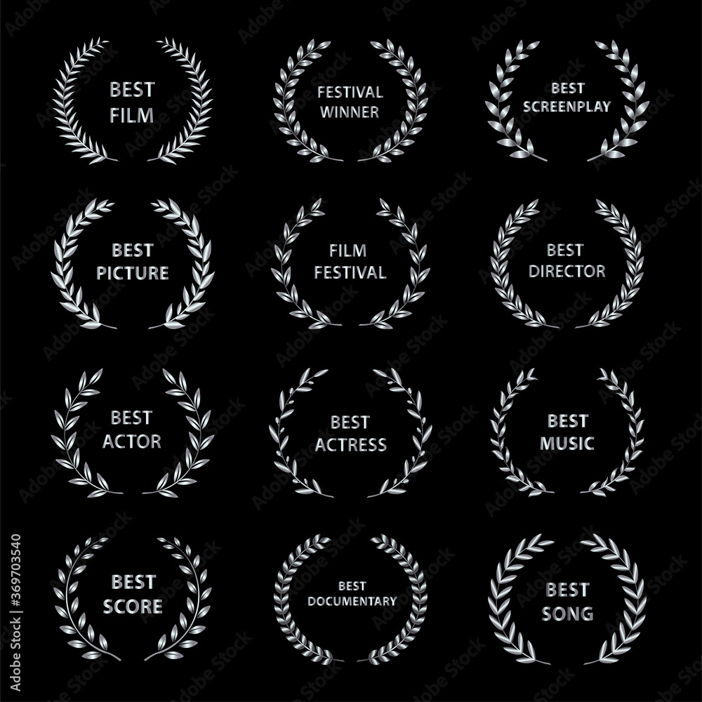 Film Awards. Silver award wreaths on black background. Vector illustration.