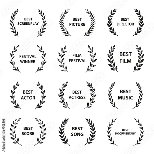 Set of black and white silhouette film award wreaths. Vector illustration.