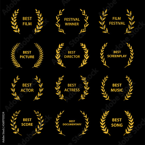 Film Awards. Gold award wreaths on black background. Vector illustration.
