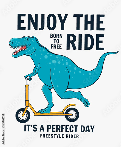 Cute dinosaur riding scooter. Vector illustration for t-shirt and other uses.