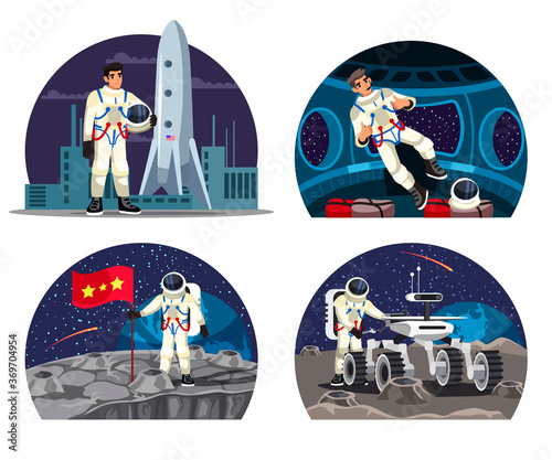 Man astronaut and spaceship isolated scene set