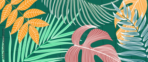 Luxury tropical leaf and nature line art ink drawing background vector. Leaves and Floral pattern  vector illustration.