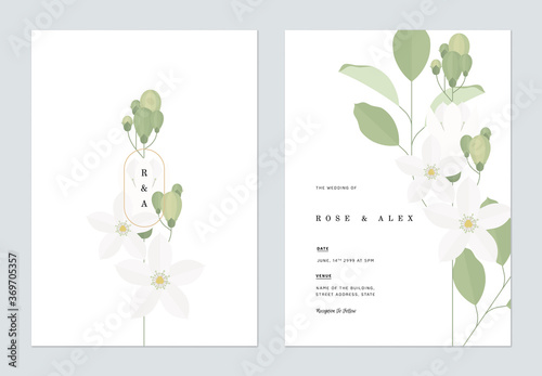 Floral wedding invitation card template design, orange jasmine flowers with leaves on white