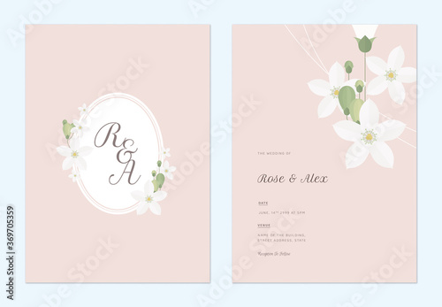 Floral wedding invitation card template design, orange jasmine flowers with leaves on pink