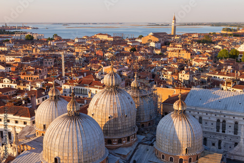 Panoramic view of Venice, Italy. A bird's eye view of the domes of the Cathedral of San Marco.