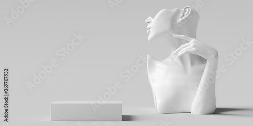 Fashion or cosmetic product display white background, mannequin parts showcase, elegant female hand and bust, 3d rendering photo