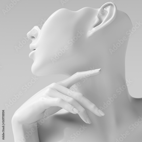Mannequin earring Jewelry showcase template. Female Bust hand sculpture. Jewelry presentation woman profile white background. 3d rendering.