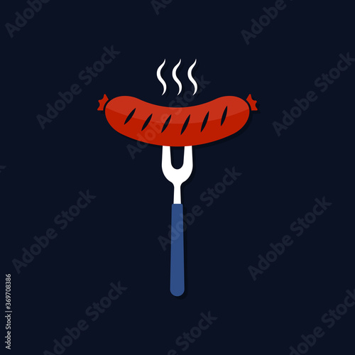Grilled sausage on fork icon flat design isolated. Vector illustration