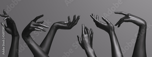 Many female hands elegant gesture, black mannequin hands up in a row – art fashion background. 3d rendering photo
