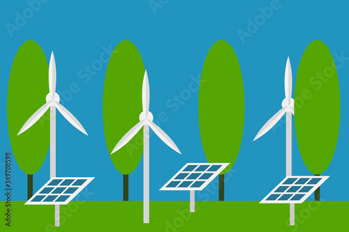 renewable energy concept. Country  using renewable energy from solar panels and wind turbines to generate electricity. it helps the environment of earth.