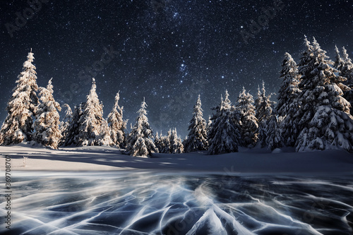Fototapeta Naklejka Na Ścianę i Meble -  Starry sky in winter snowy night. Majestic landscape. Courtesy of NASA
