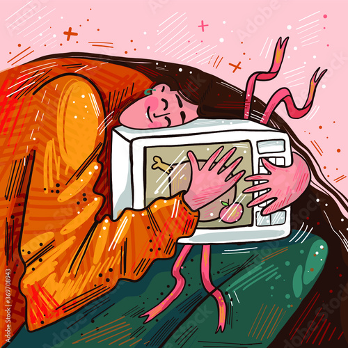 Vector illustration about the love of food. Homemade food. Food is heated in the microwave, the Glutton is happy to eat