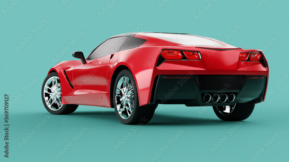 Back view of a red sport concept car on green background.