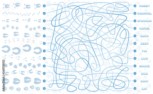 Animals tracks maze. Labyrinth with footprints in the snow. Find the right way through the maze to the rabbit, squirrel, sparrow, horse, duck, deer, pig, cow, mouse, dog, goat and cat in cold winter.
