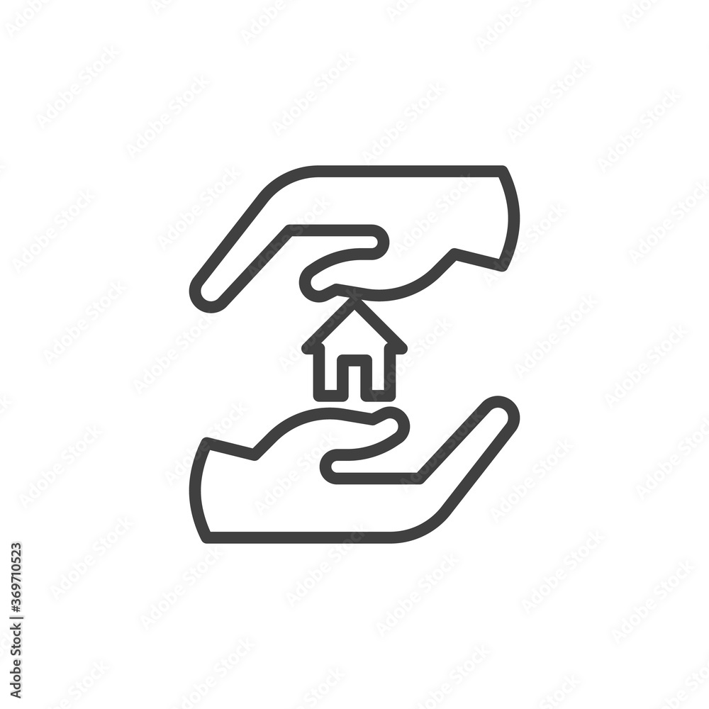 Safe home line icon. linear style sign for mobile concept and web design. Hand holding home outline vector icon. Symbol, logo illustration. Vector graphics Safe home line icon. linear style sign for mobile concept and web design. Hand holding home outline vector icon. Symbol, logo illustration. Vector graphics