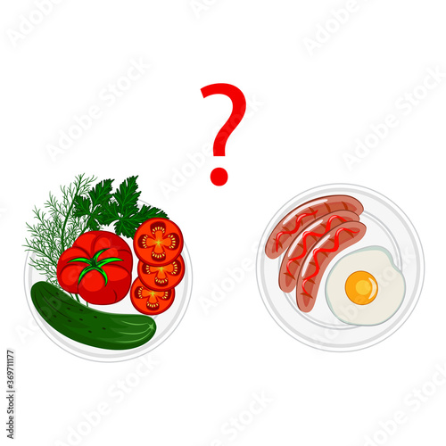 Choice between vegan diet or meat diet? Simple flat vector illustration isolated on white background.