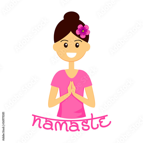 Smiling woman character with welcome gesture of hands. Namaste mudra vector illustration.