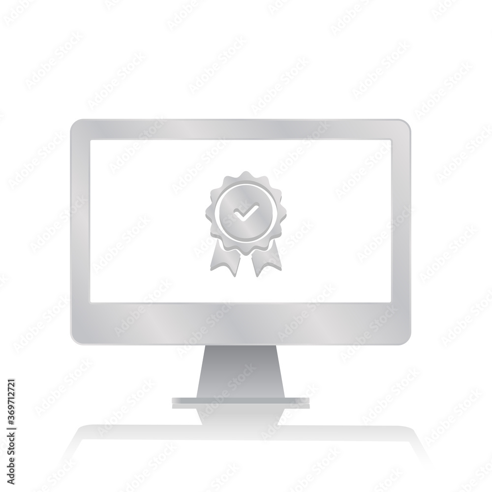 approval check certified stamp inside blank screen computer monitor with reflection minimalist modern icon vector illustration approval check certified stamp inside blank screen computer monitor with reflection minimalist modern icon vector illustration