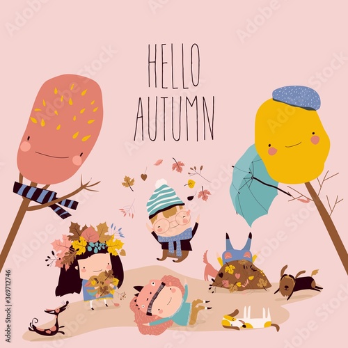 Happy kids playing with autumn leaves. Hello autumn