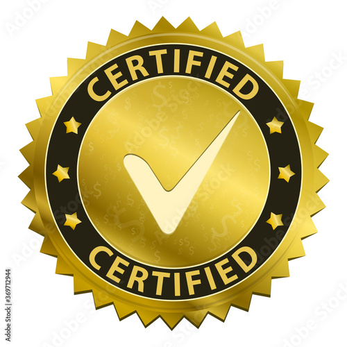 Certified gold label with tick icon isolated on white background. 