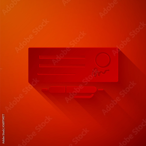 Paper cut Blank template of the bank check and pen icon isolated on red background. Checkbook cheque page with empty fields to fill. Paper art style. Vector Illustration.