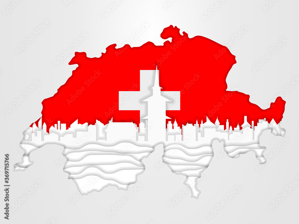 Switzerland map concept with Switzerland flag and famous landmarks of Bern city in paper cut style vector illustration