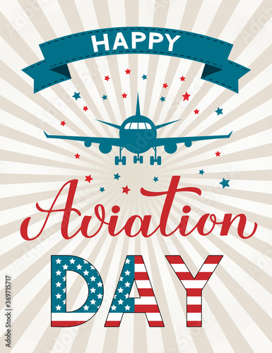 National Aviation Day USA retro patriotic striped background. American holiday celebrated on August 19. Vector template for banner, typography poster, greeting card, flyer, etc.