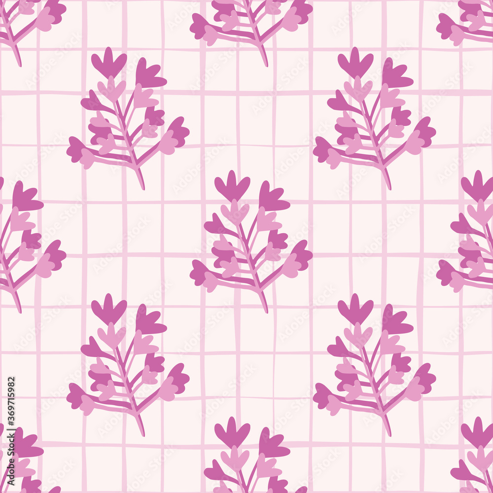 Branch silhouettes naive seamless pattern. White background with check and pink colored floral elements.