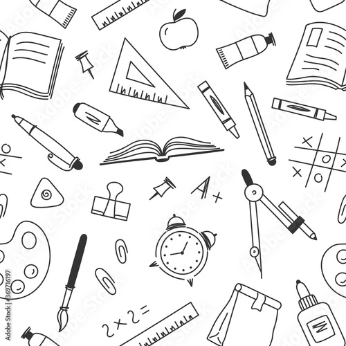 Seamless pattern of hand-drawn stationery objects. Black and white vector illustration for wrapping, fabric, wallpaper.