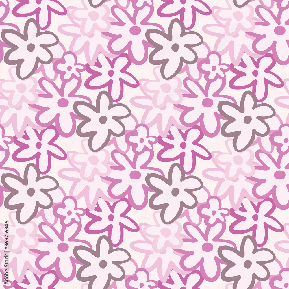 Spring seamless chamomile contours pattern. Pink, lilac and purple colors silhouettes. Spring seamless chamomile contours pattern. Pink, lilac and purple colors silhouettes.