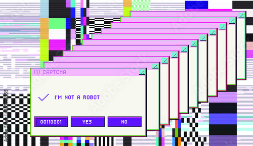 Concept of  CAPTCHA — Completely Automated Public Turing test to tell Computers and Humans Apart. Glitched screen with pixel noise and message boxes.