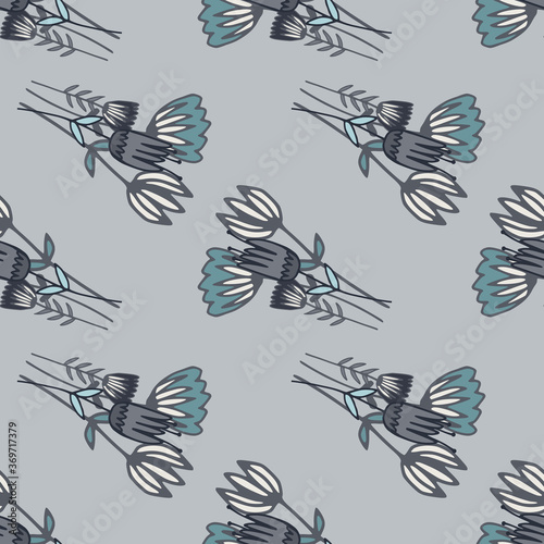 Seamless doodle pattern with navy blue outline flowers silhouettes. Pastel blue background. Creative design.