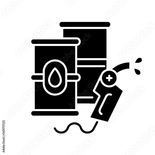 Petroleum black glyph icon. Petrochemical industry, petrol refinery, energy market silhouette symbol on white space. Fossil fuel storage, barrels with crude materials vector isolated illustration