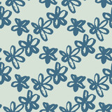 Navy blue grunge daisy flowers seamless pattern. Light blue background with check. Simple design.