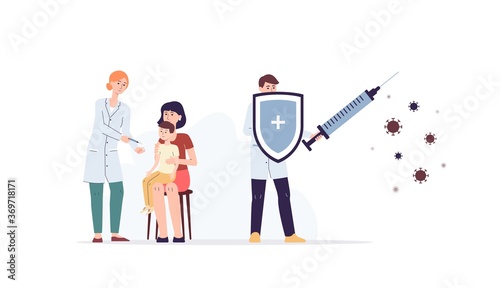 Vaccination with doctors protecting patient flat vector illustration isolated.