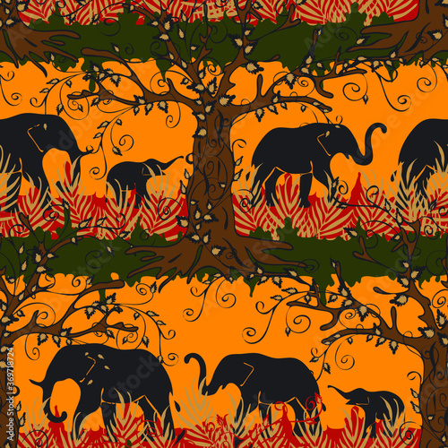 Seamless vector pattern with African elephant silhouettes on yellow background. Savannah animal landscape wallpaper design. Indian culture fashion textile. © Randmaart