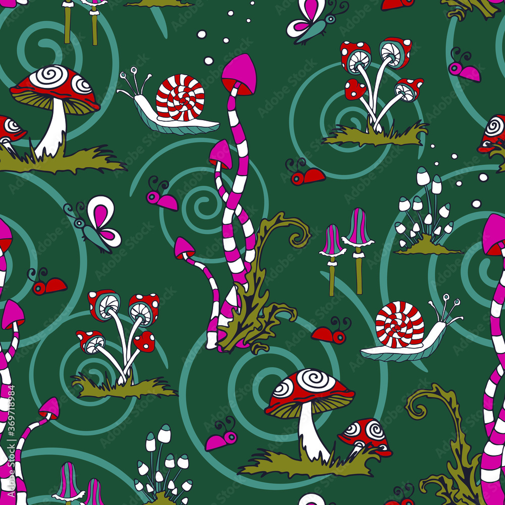Fototapeta premium Seamless vector pattern with magic mushrooms on dark green background. Fantasy forest wallpaper design with insects and snails. Crazy fashion textile.