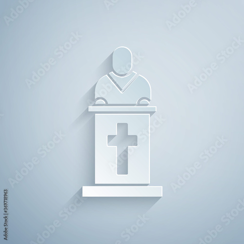 Paper cut Church pastor preaching icon isolated on grey background. Paper art style. Vector Illustration.