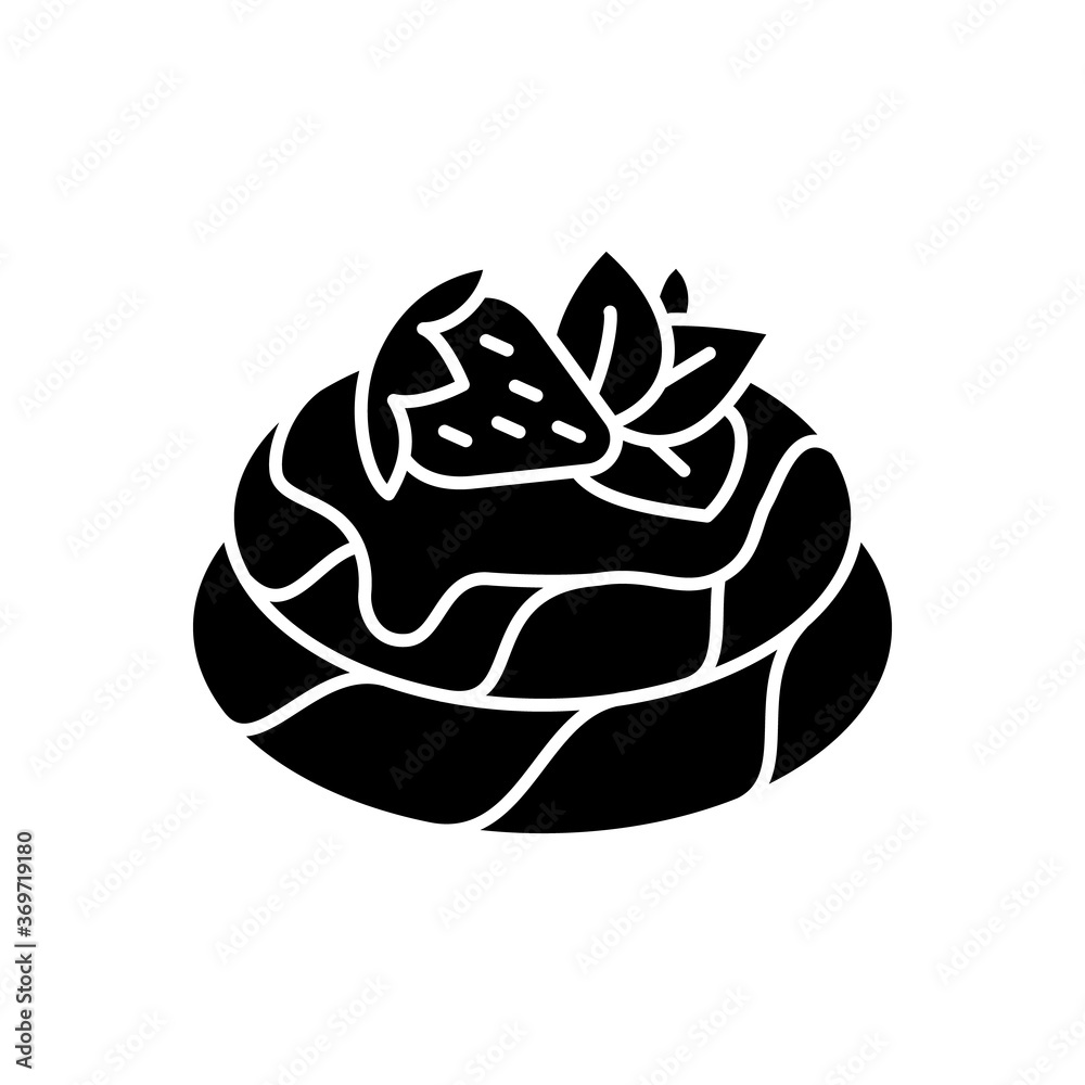 Pavlova black glyph icon. Meringue based dessert with strawberries and
