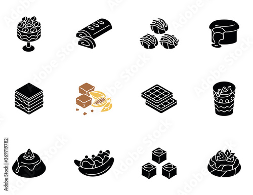 World famous desserts black glyph icons set on white space. Traditional sweets. Turkish delight. Chocolate lava cake. Brownies. Tiramisu. Silhouette symbols. Vector isolated illustration