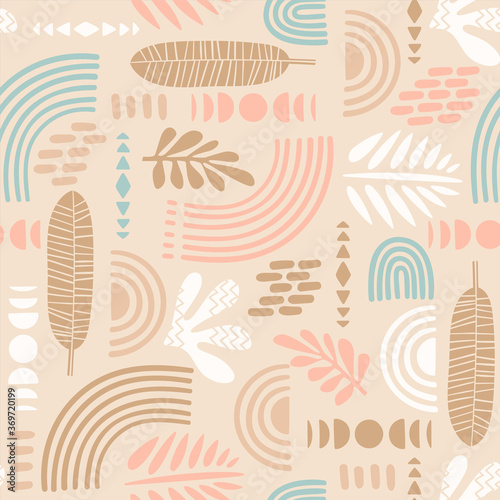 Artistic seamless pattern with abstract leaves and geometric shapes.